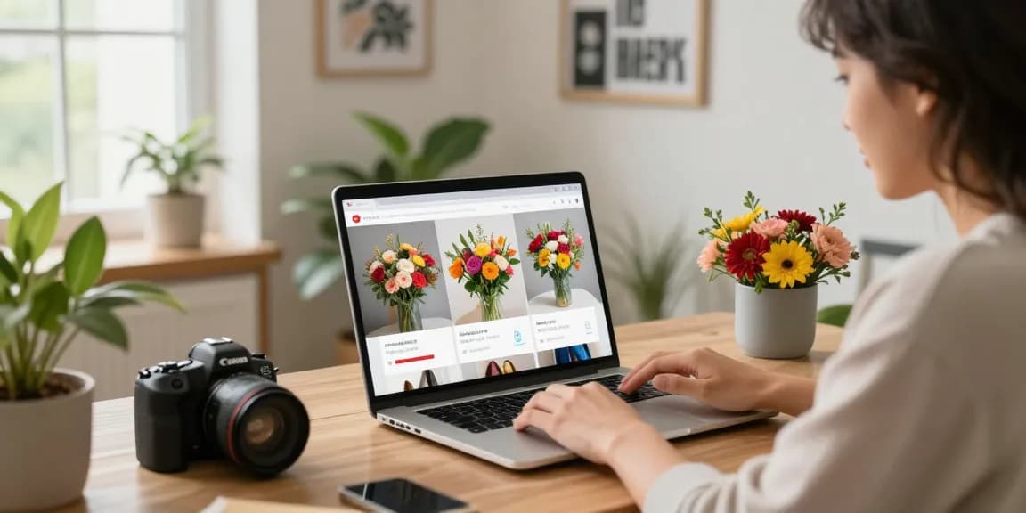 Pengguna bos88 memilih bunga berwarna-warni dengan laptop di ruang kerja yang nyaman.