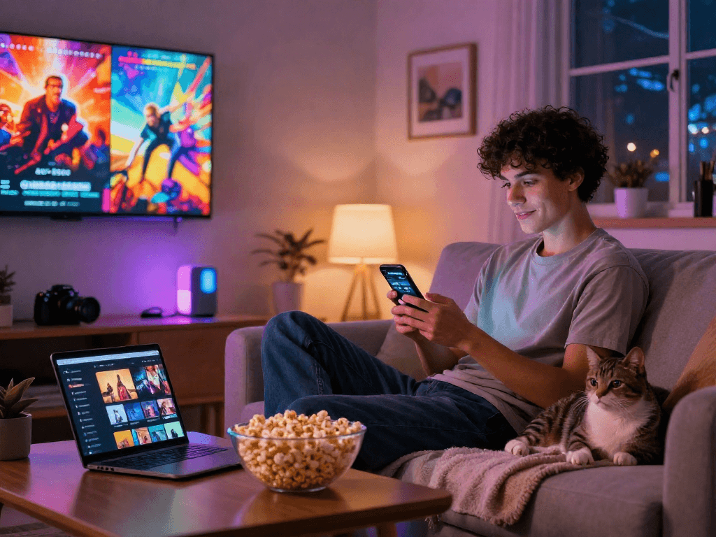 Enjoying the Moviebox apk while cozy at home with smartphone and popcorn