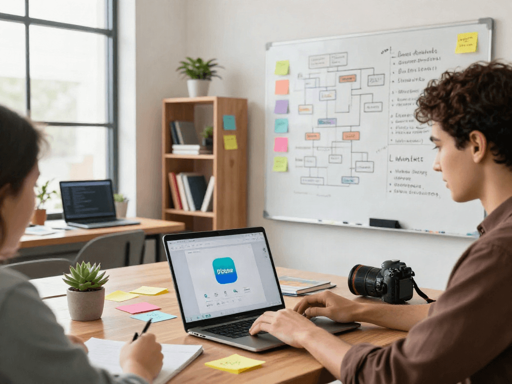 Pikashow APK app development scene with a focused developer in a vibrant co-working space.