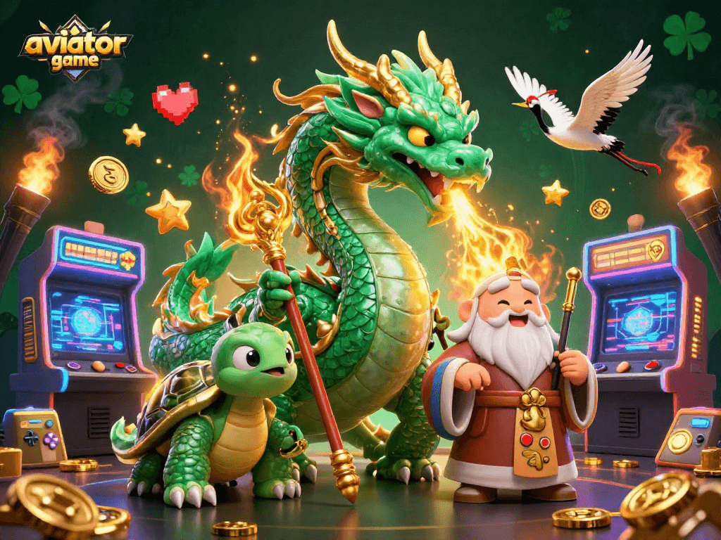Experience the thrilling aviator game with a jade dragon and lucky cranes in a vibrant casino setting.