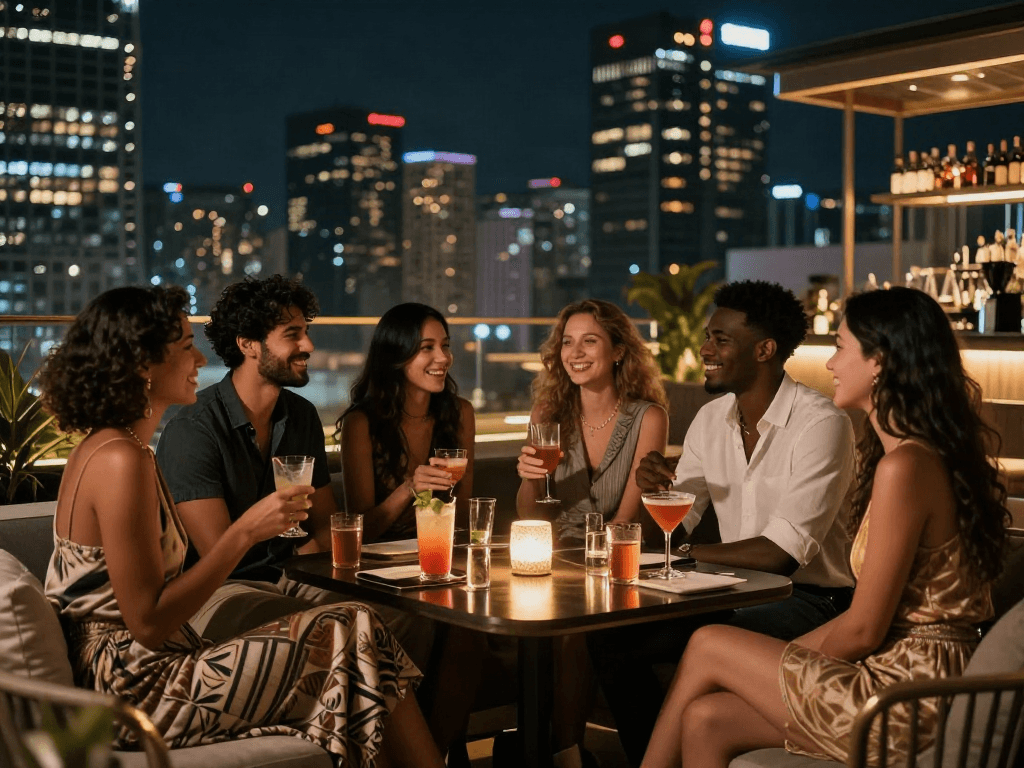 diyarbakır escort ile lüks bir gece hayatını paylaşan arkadaş grubu, şehir manzarası arka planda.