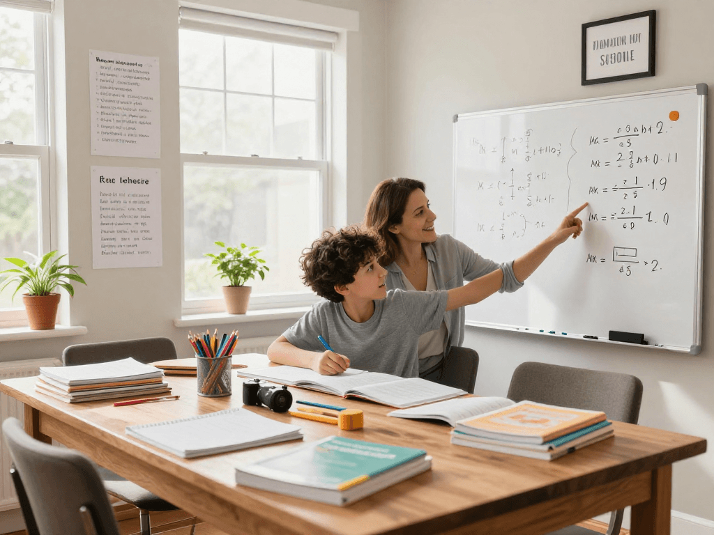 Engaging scene of a math and English tutor helping a student understand concepts in a bright study room.