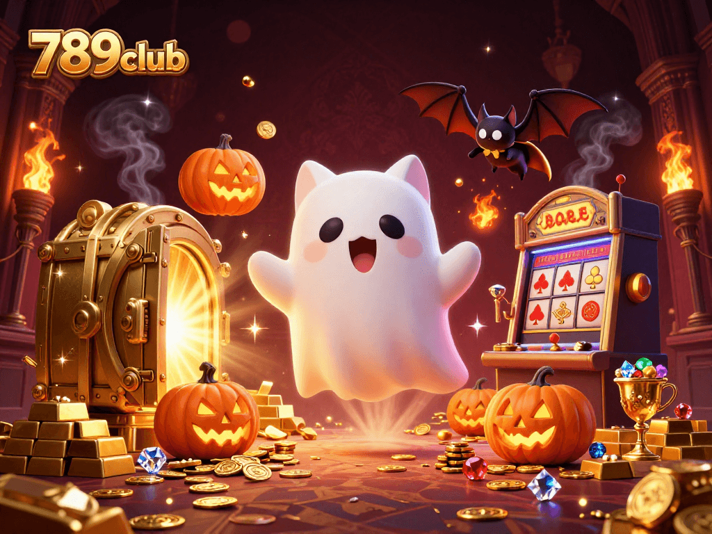 Engage with the 789club atmosphere as a friendly ghost cat and bat explore a vibrant casino.