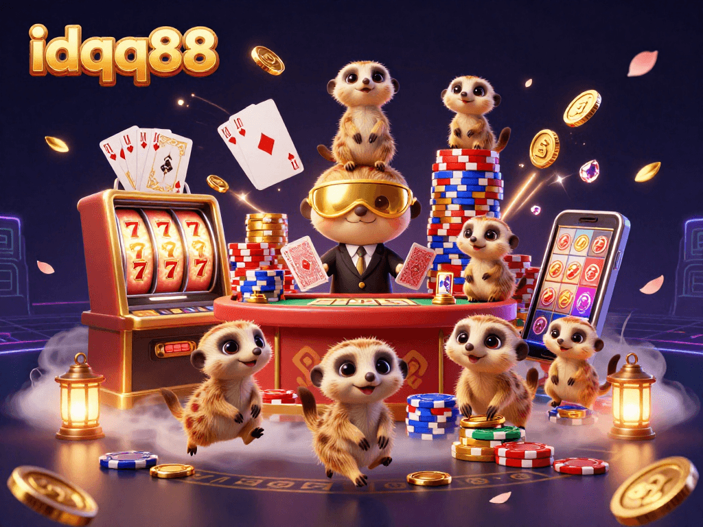 Engage with idqq88's exciting casino environment featuring cartoon meerkats and vibrant slot reels.