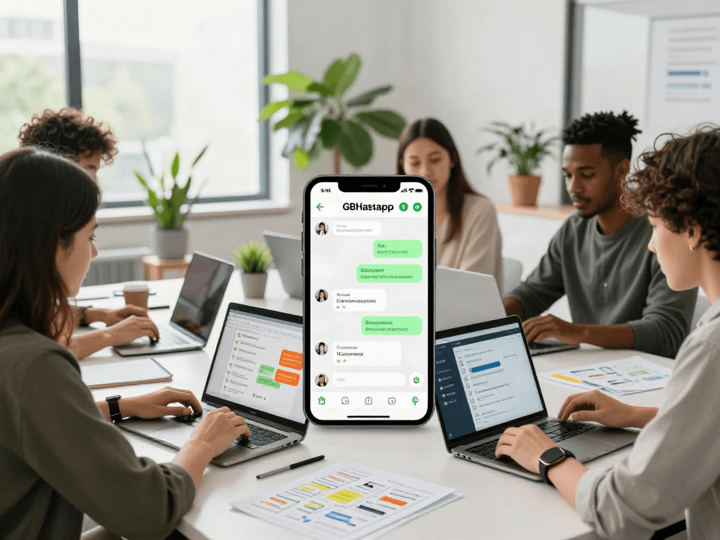 Team collaborating on GBWhatsApp features in a modern workspace.