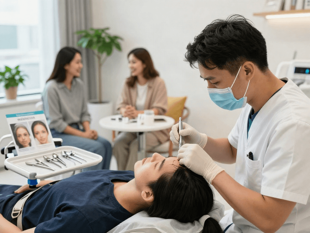 Hair transplant Istanbul procedure showcasing skilled technician and patient in a modern clinic.