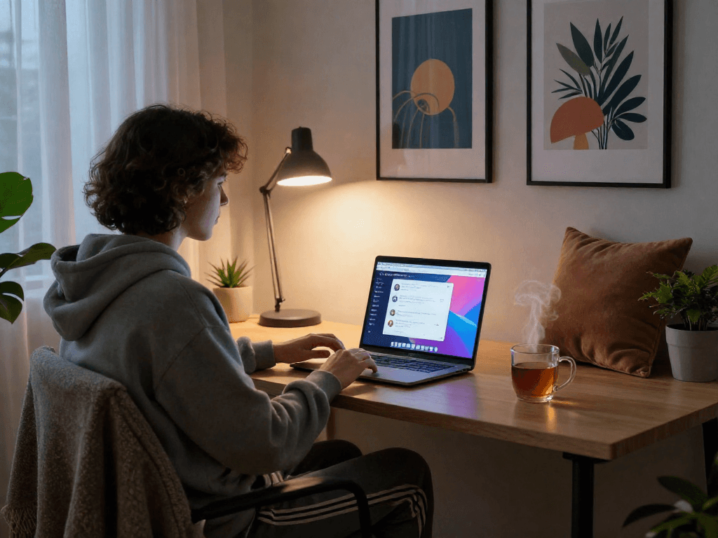 Engaging home office scene depicting a user interacting with an nsfw chat bot in a cozy environment.