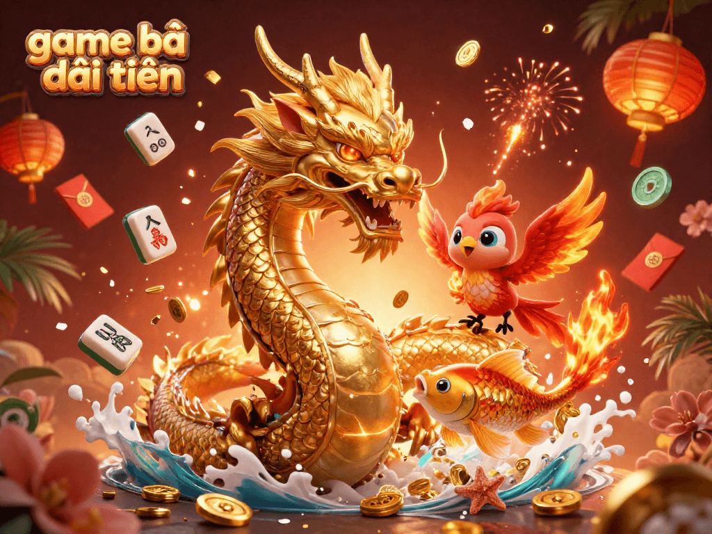 Experience thrilling game bài đổi thưởng action with a vibrant 3D illustration of dragons and lucky symbols.