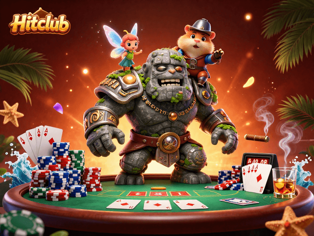 Engage with Hitclub as the stone golem, fairy, and hamster knight animate around a vibrant poker table.