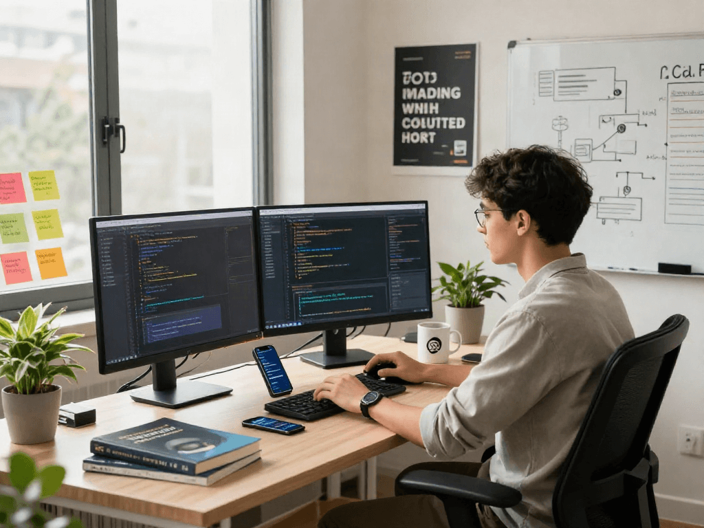 Gambar pengembang perangkat lunak didukung 快连下载, menyiapkan kode di ruang kerja modern dengan monitor ganda dan pencahayaan alami.