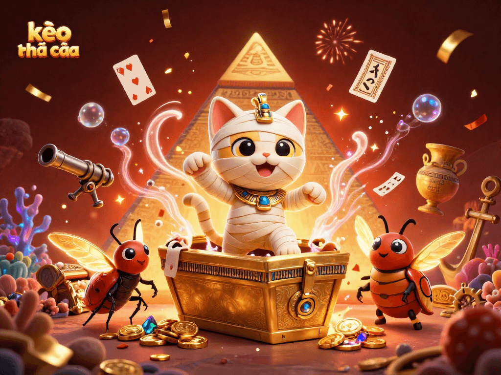 Experience kèo nhà cái in an electric environment featuring a mummy cat and dynamic casino elements.