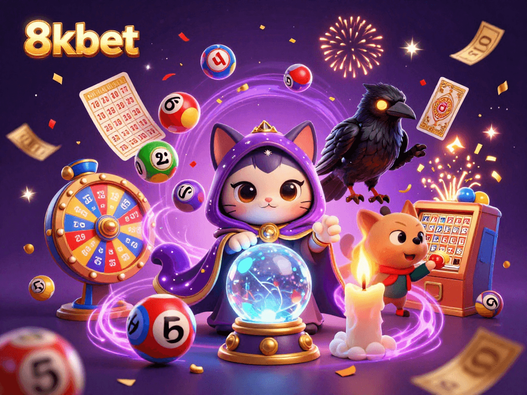 Experience the thrill of 8kbet with a magical gambling scene featuring vibrant lottery elements.