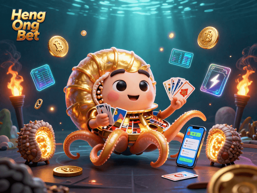 Heng Ong Bet incorporates an ancient nautilus roulette wheel with glowing crypto elements in a vibrant scene.