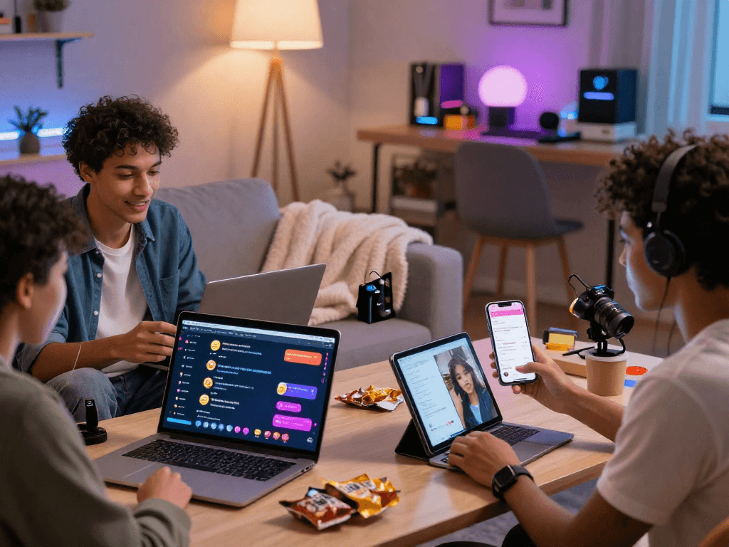 Engaging scene of users participating in nsfw chat interactions on various devices in a modern living room.
