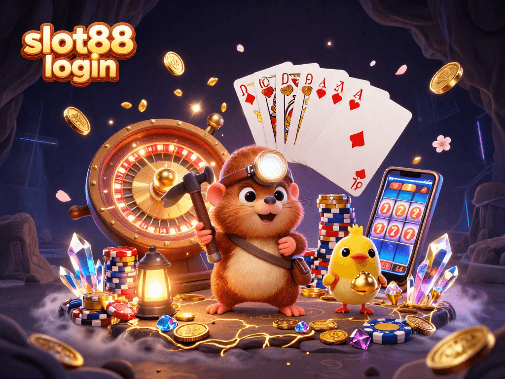 Experience fun gaming with slot88 login in this vibrant casino illustration featuring treasures.