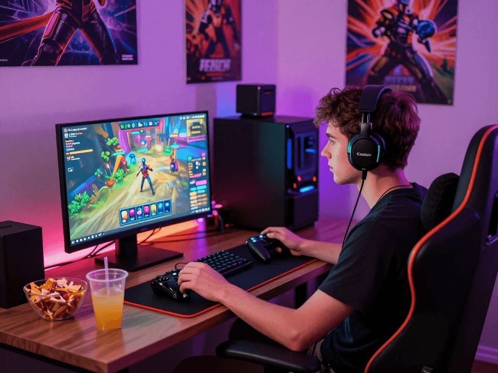 Engaged gamer playing a porn game on a colorful gaming setup, showcasing immersive gaming experience.