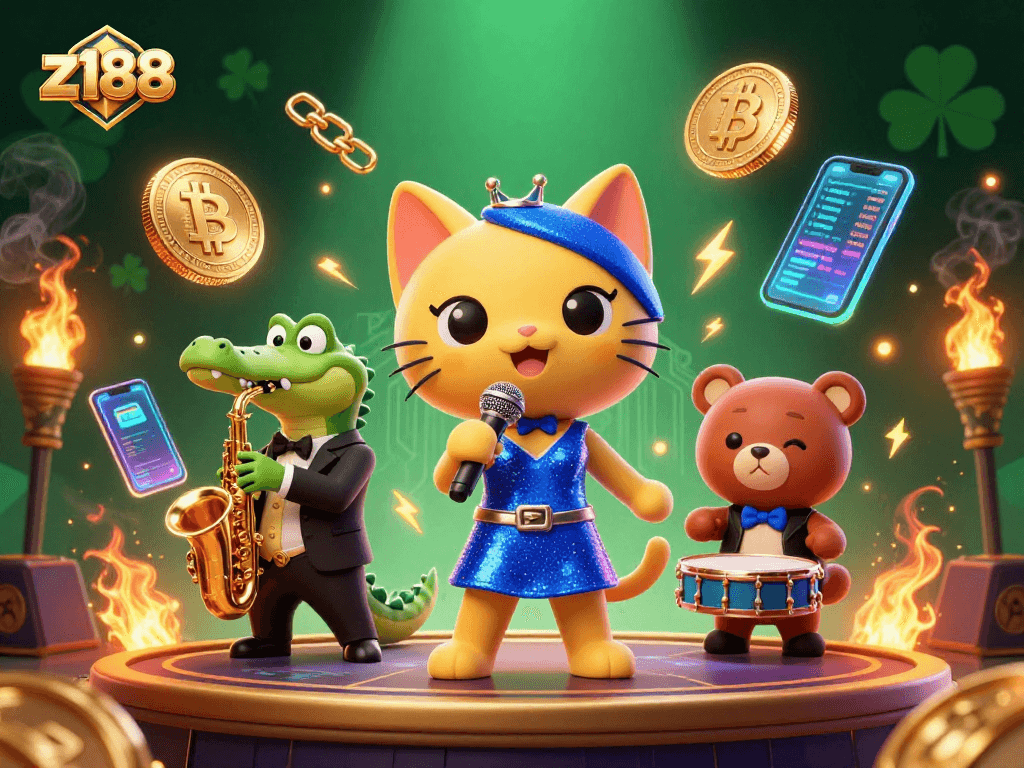 Z188 brings excitement alive with a jazz-singer cat, saxophone-playing crocodile, and drumming bear in a lively casino setting.