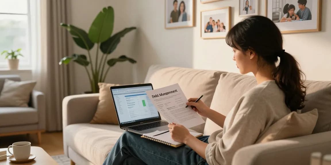 Individual reviewing financial documents for Credit Consolidation Canada in a cozy living room, creating a supportive atmosphere.