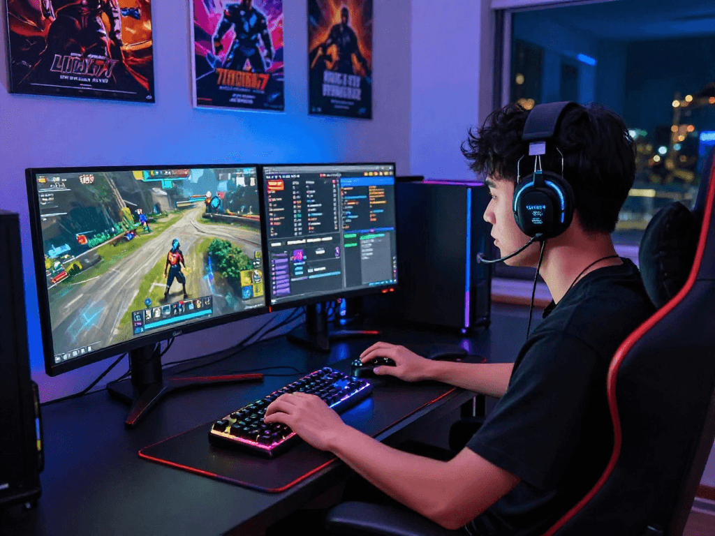 Player enjoying an intense gaming session with lucky77 theme on dual screens in a vibrant setup.