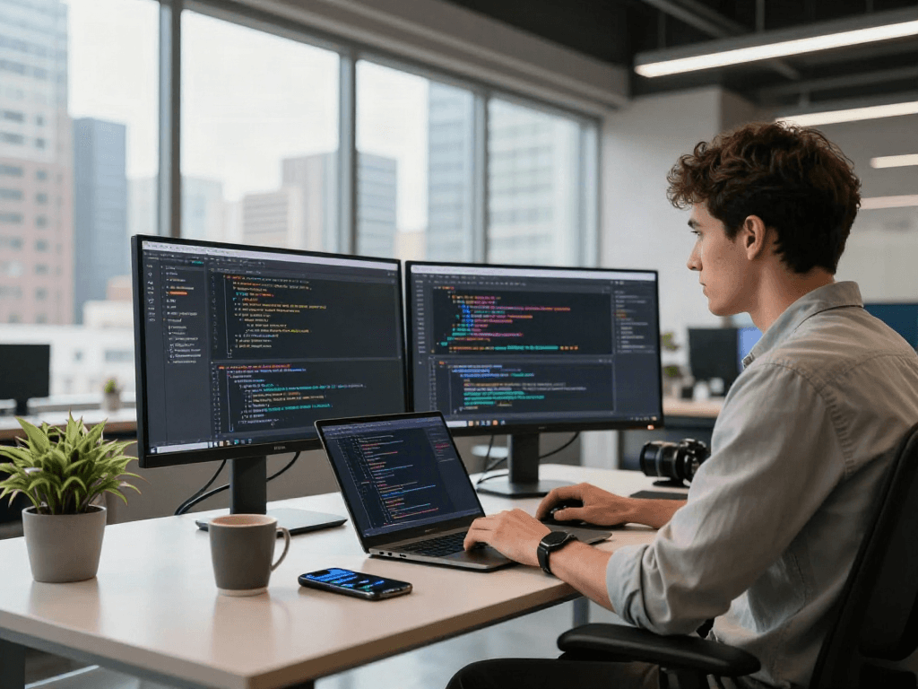 Pikashow app download demonstrated in a modern tech workspace with developer coding and multiple screens in use, fostering innovation.
