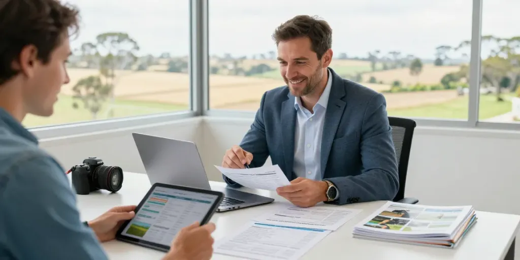 Agriculture Equipment Financing Brisbane consultation with farmer reviewing loan options.