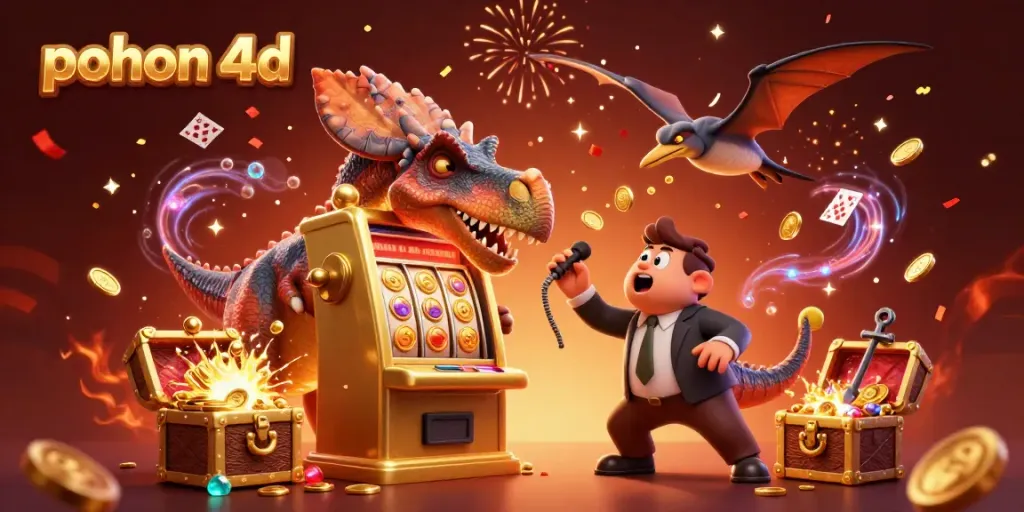 Experience the excitement of pohon 4d as vibrant characters celebrate a jackpot win among floating cards and glowing treasures.