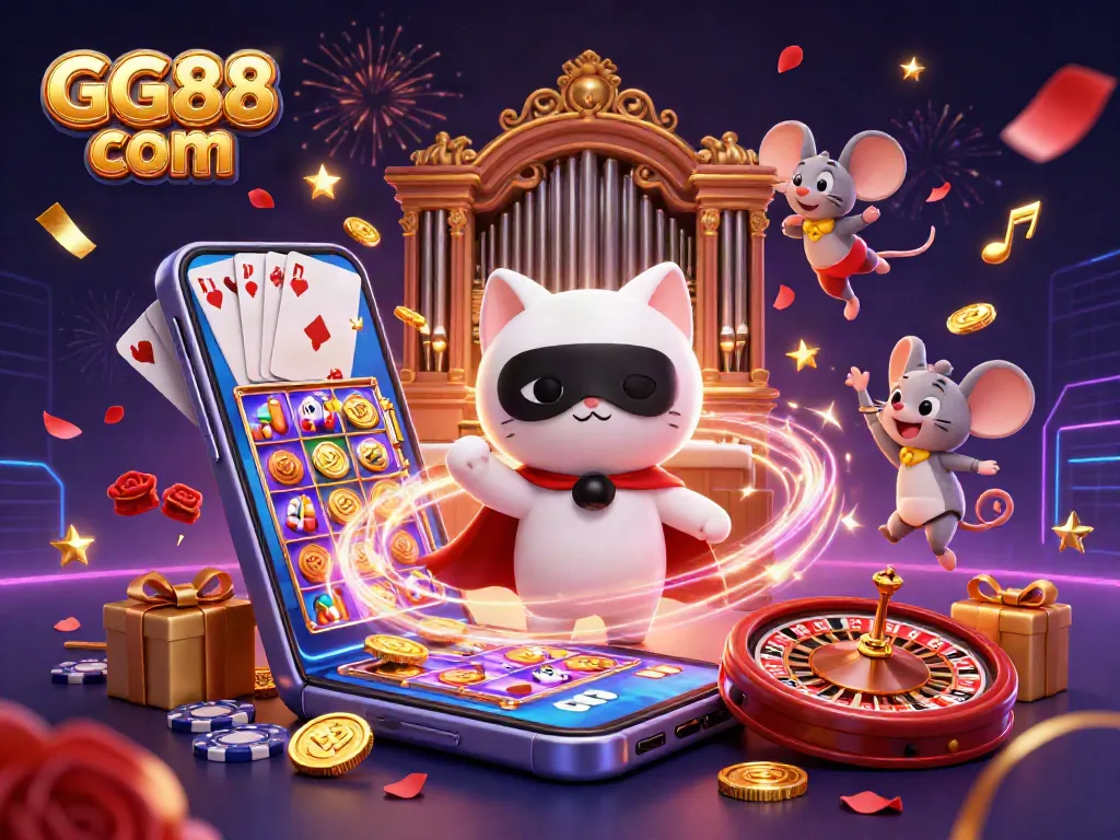 Engage with GG88 com's vibrant casino universe, featuring dynamic gaming elements and thrilling illustrations.