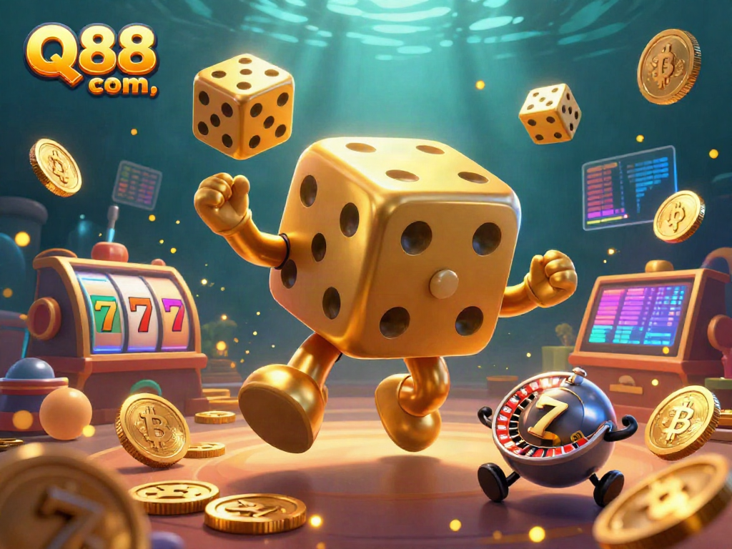 Experience the captivating realm of Q88 com with vibrant casino-themed 3D characters and gaming elements.