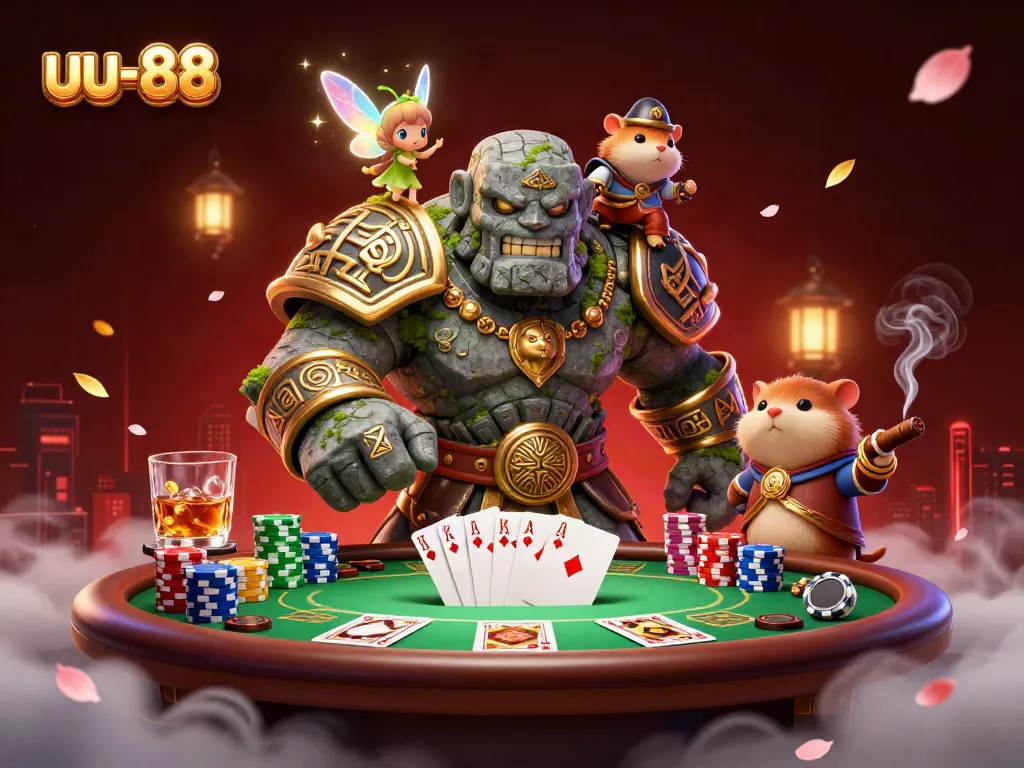 Engage in poker action with uu-88, showcasing a magical scene of a golem guardian and companions.