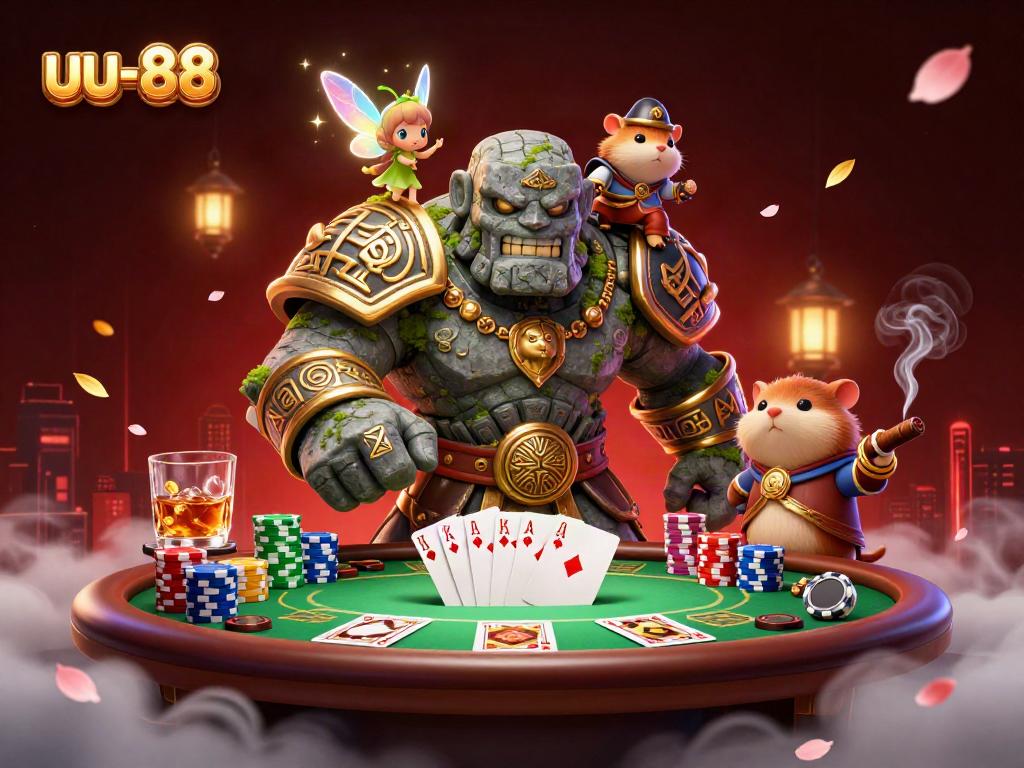Engage in poker action with uu-88, showcasing a magical scene of a golem guardian and companions.