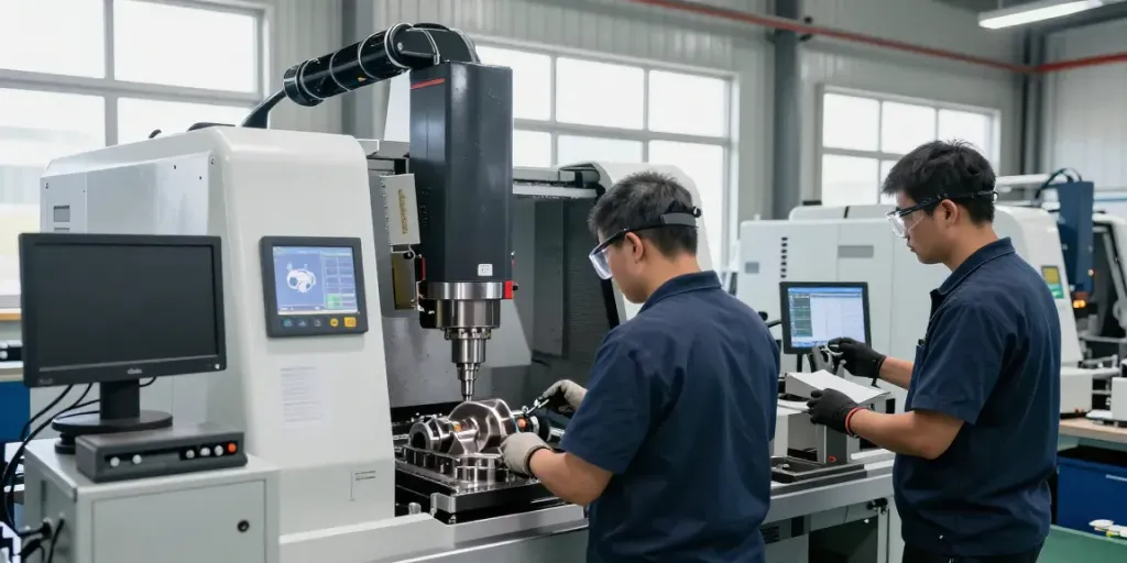 Leading aerospace CNC parts manufacturers in a precision machining workshop with skilled technicians at work.