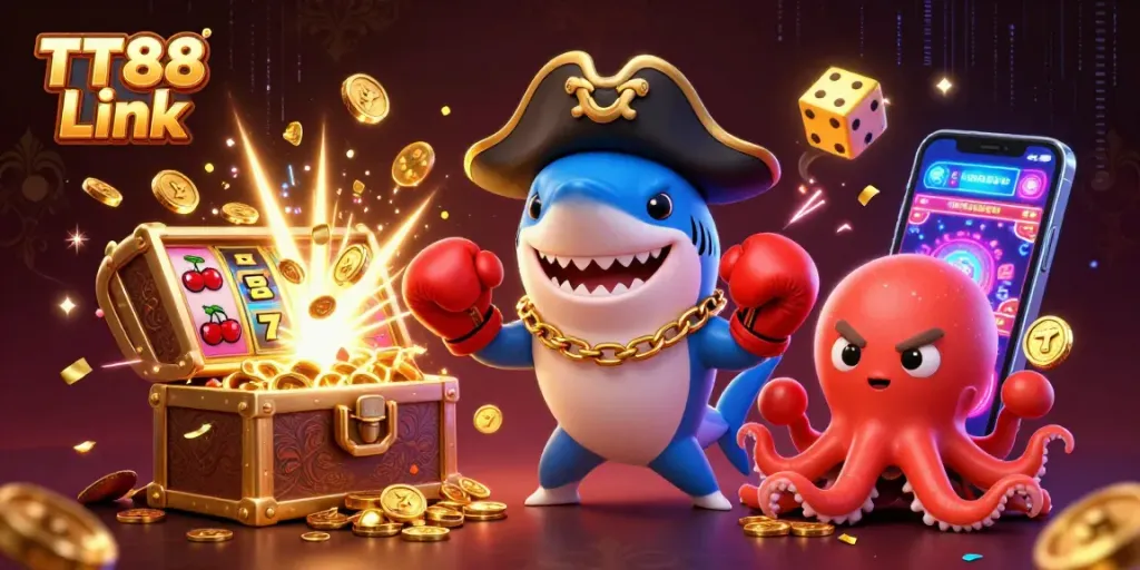 Experience exciting payouts with TT88 Link featuring cheerful characters, slot machines, and gold coins.