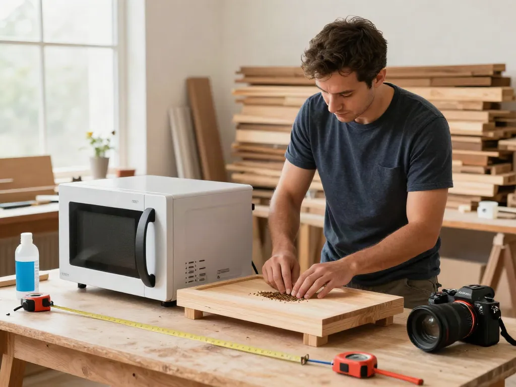 Artisan demonstrating the SHASHEL® microwave device for effective woodworm elimination in a bright workshop.