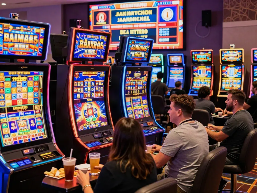Excited players enjoying vibrant slot game machines in a lively casino atmosphere.