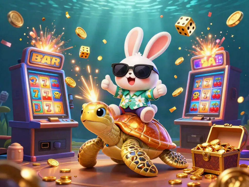 Experience the thrill of BK8 with a vibrant 3D illustration of a lucky rabbit and sea turtle in a bustling casino scene.