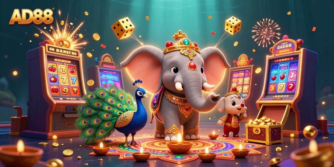 Experience the excitement of AD88 with a vibrant casino scene featuring an elephant, peacock, and dynamic game elements.