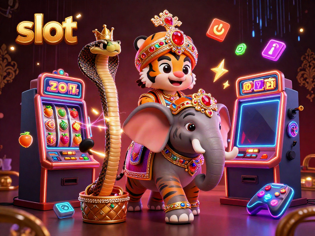 Engage in thrilling slot games with a vibrant 3D scene featuring characters and winning symbols.