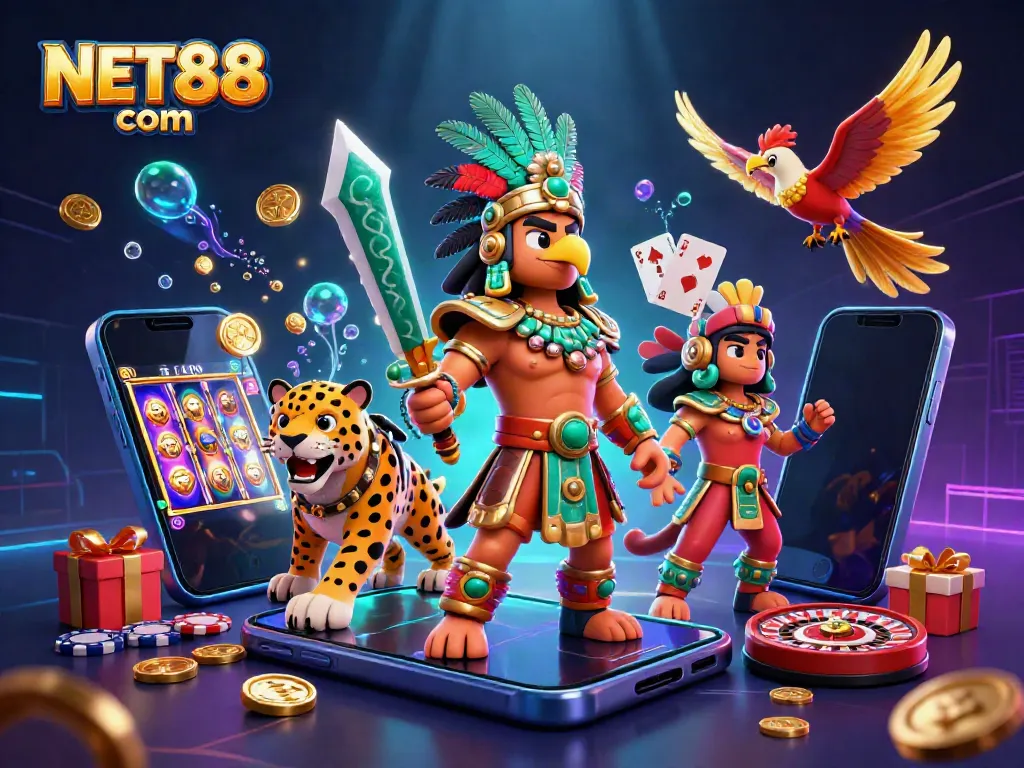 Engage in thrilling slot games at NET88 com, featuring vibrant casino elements and a rich 3D scene.