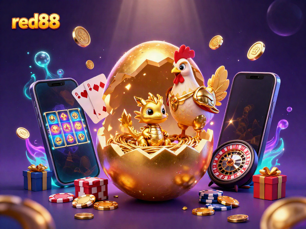 Experience the excitement of red88 with a golden dragon in a vibrant 3D casino scene.