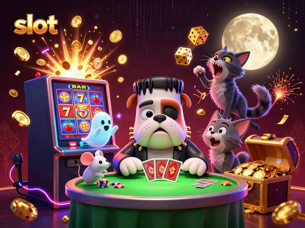 Experience thrilling slots gameplay with a vibrant, cartoonish casino scene featuring slot machines and playful characters.