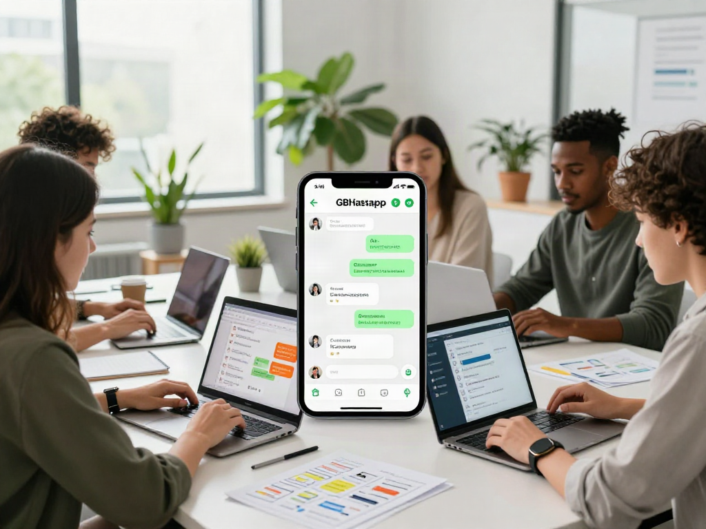 Team collaborating on GBWhatsApp features in a modern workspace.