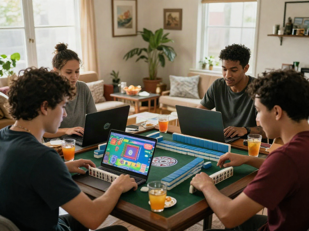 Players enjoying MAHJONGJP88 Online with excitement in a cozy living room