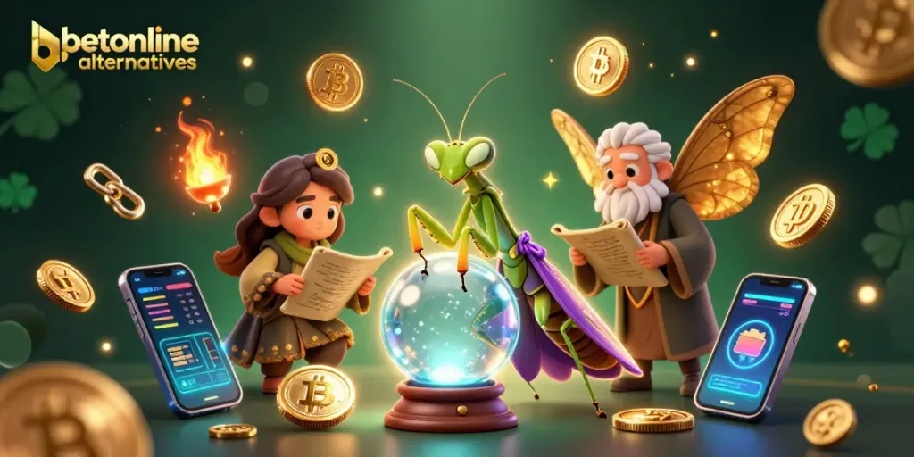 Experience betonline alternatives with a whimsical casino scene featuring fortune tellers and crypto coins.