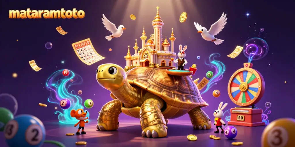 Experience grand winnings at Mataramtoto with a vibrant casino scene featuring a golden tortoise and exciting lottery elements.