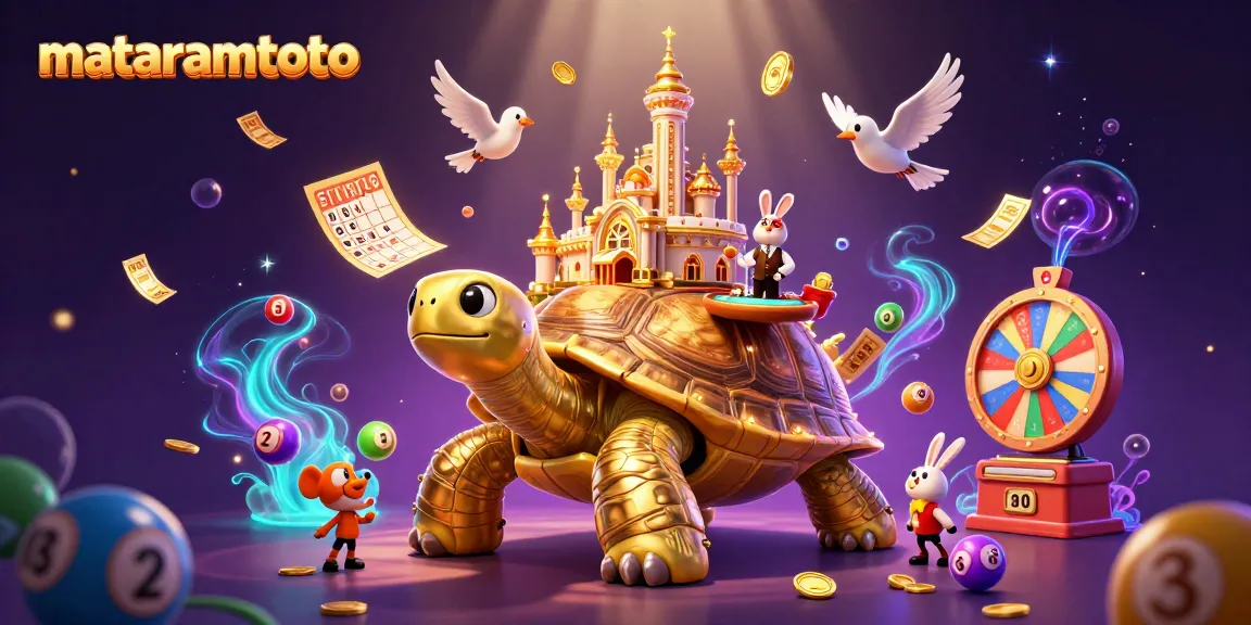 Experience grand winnings at Mataramtoto with a vibrant casino scene featuring a golden tortoise and exciting lottery elements.