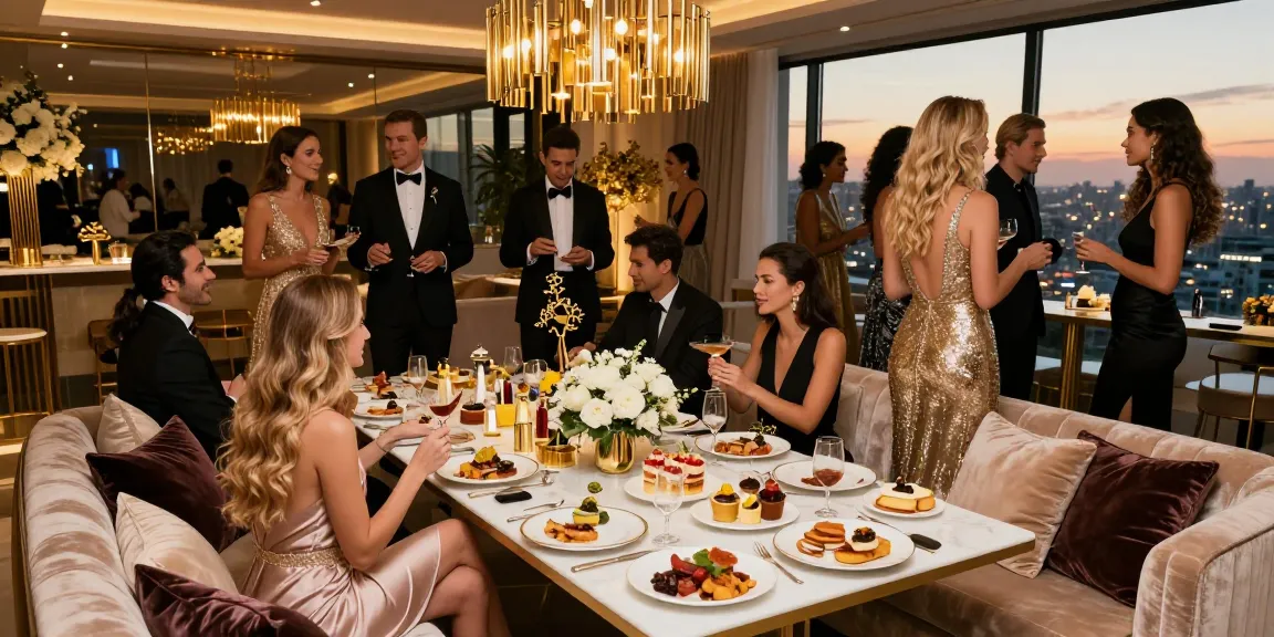 Suasana ulang tahun mewah dengan dekorasi elegan dan hidangan gourmet, menampilkan luxury111 dalam setiap detailnya.