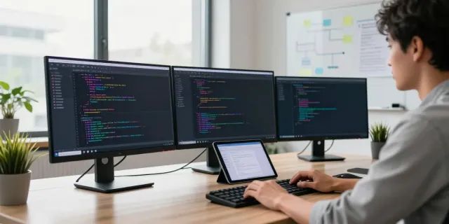 Developer working seamlessly with OpenAI-compatible API in modern tech office.