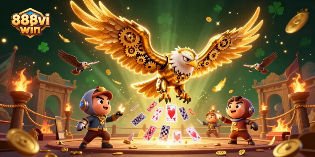 Experience 888vi win with a golden eagle diving into a vibrant casino scene filled with action and excitement.