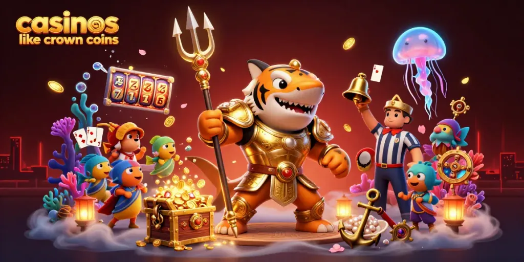Engaging scene depicting casinos like crown coins with a tiger shark champion, treasure, and slot elements.