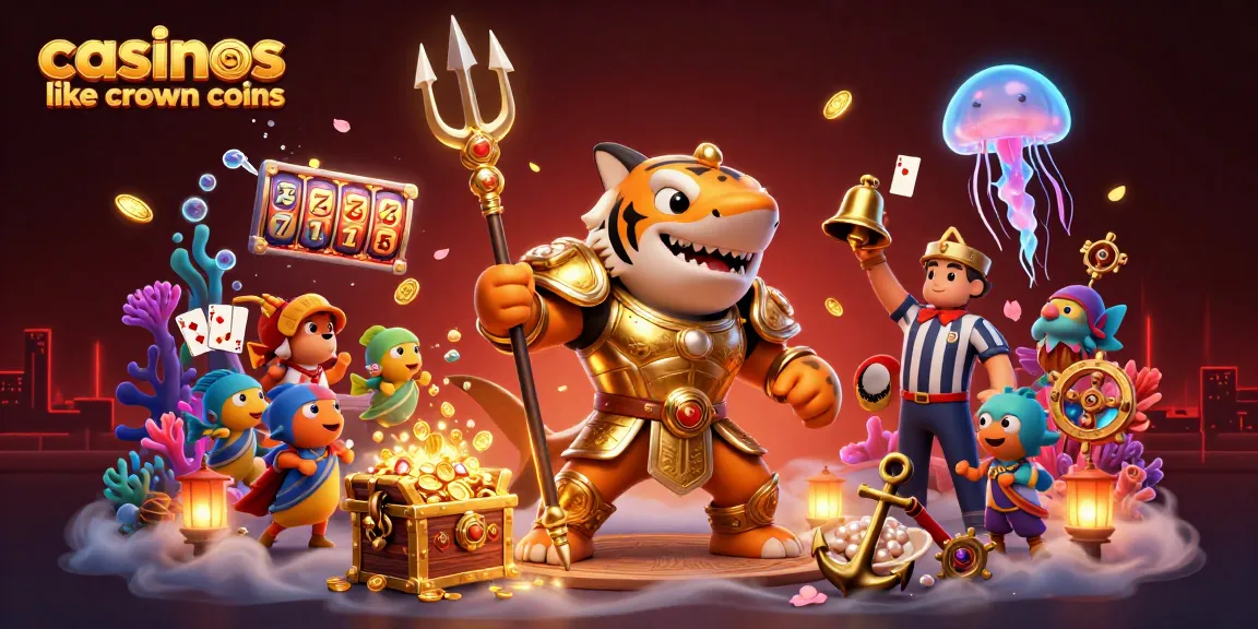 Engaging scene depicting casinos like crown coins with a tiger shark champion, treasure, and slot elements.